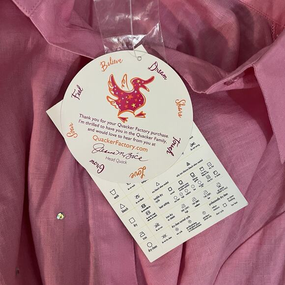 NWT Quacker Factory Women's Linen Button Up Pink Shirt S Rhinestone Funky Glam - Picture 6 of 10